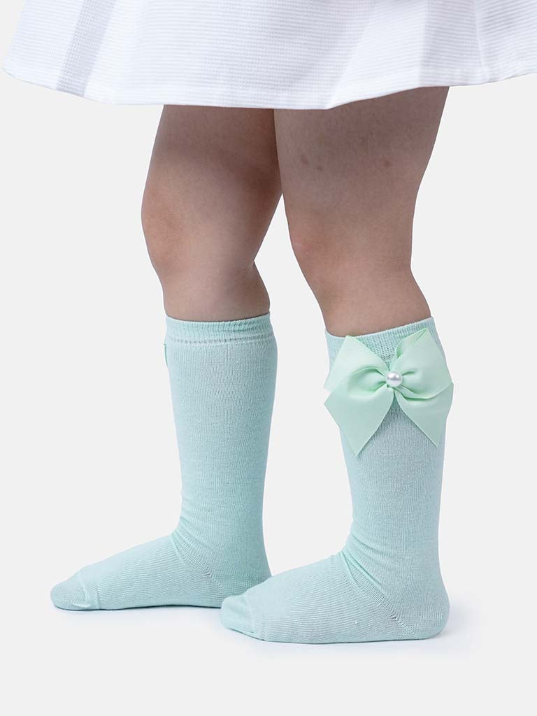 Baby Girl Knee Socks with Satin Bow and Pearl - Mint Green
