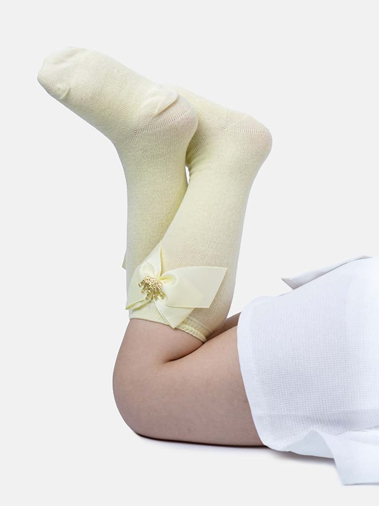 Baby Girl Knee Socks with Satin Bow and Crown - Lemon Yellow