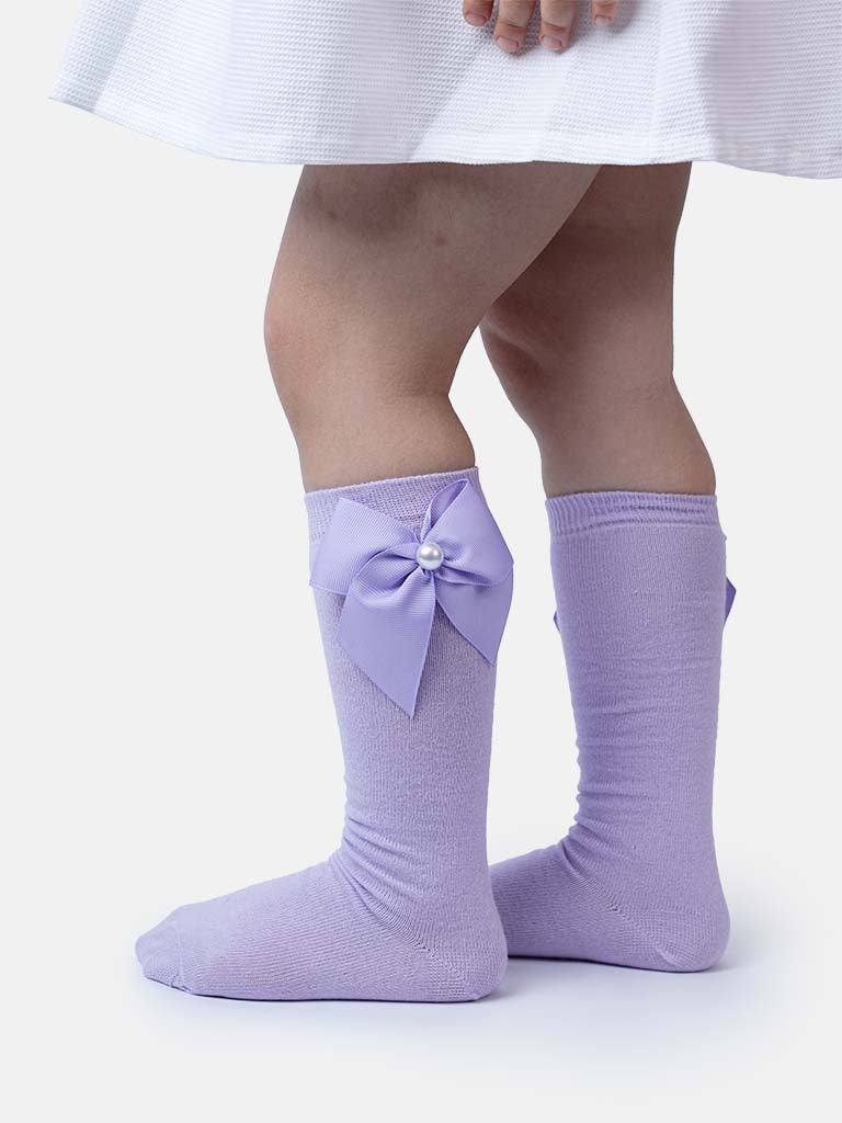 Baby Girl Knee Socks with Satin Bow and Pearl - Purple