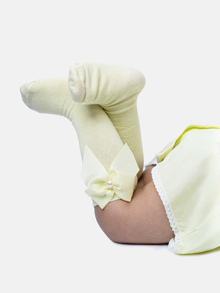 Baby Girl Knee Socks with Satin Bow and Pearl - Lemon Yellow