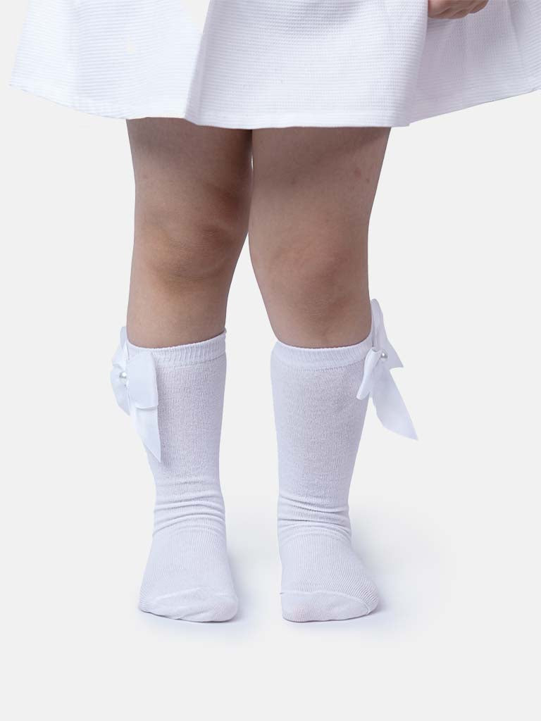 Baby Girl Knee Socks with Satin Bow and Pearl - White