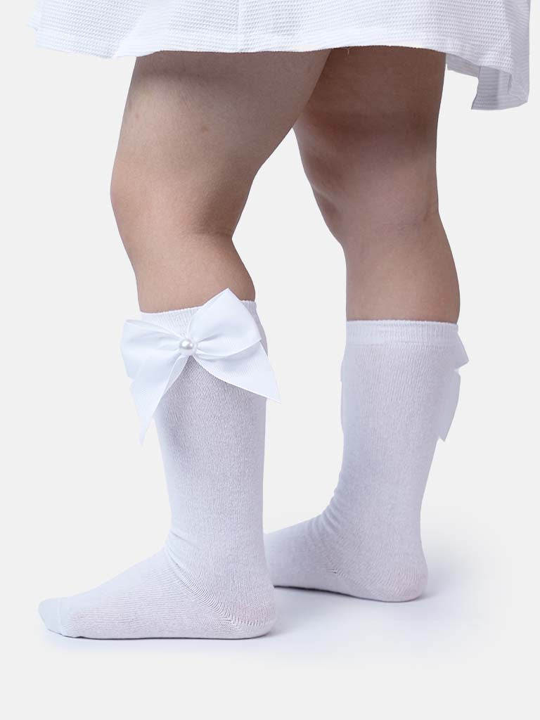 Baby Girl Knee Socks with Satin Bow and Pearl - White