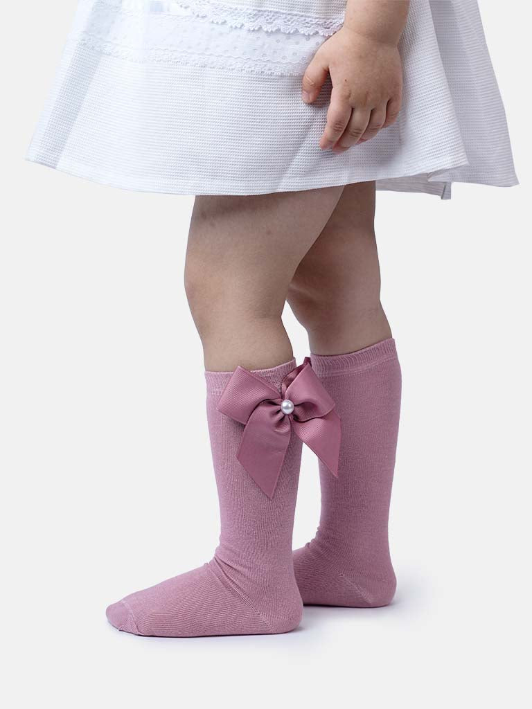 Baby Girl Knee Socks with Satin Bow and Pearl - Dusty Pink