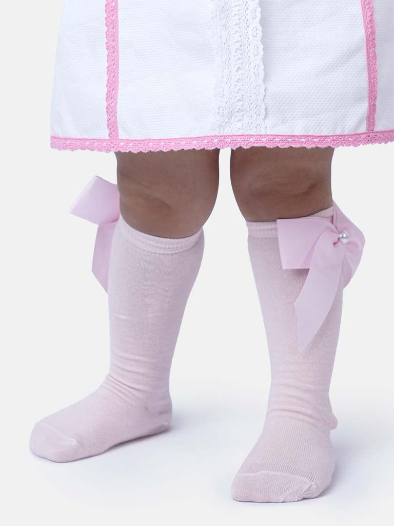 Baby Girl Knee Socks with Satin Bow and Pearl - Baby Pink