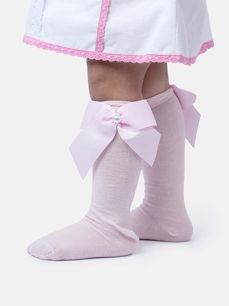 Baby Girl Knee Socks with Satin Bow and Pearl - Baby Pink