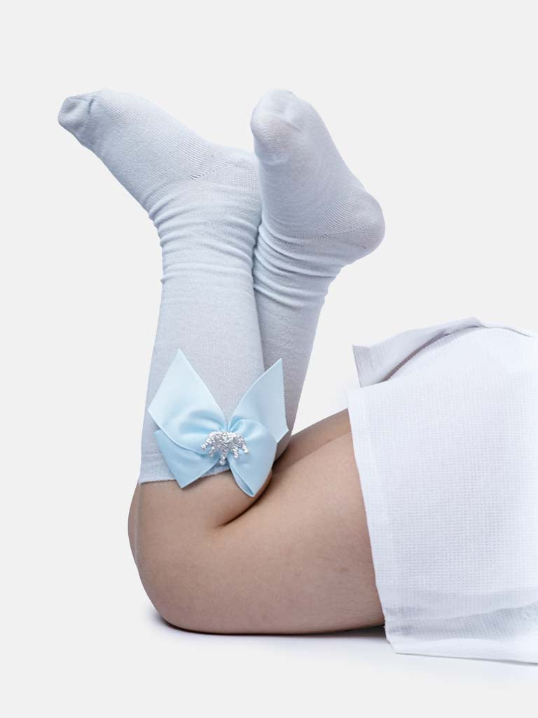 Baby Girl Knee Socks with Satin Bow and Crown - Baby Blue