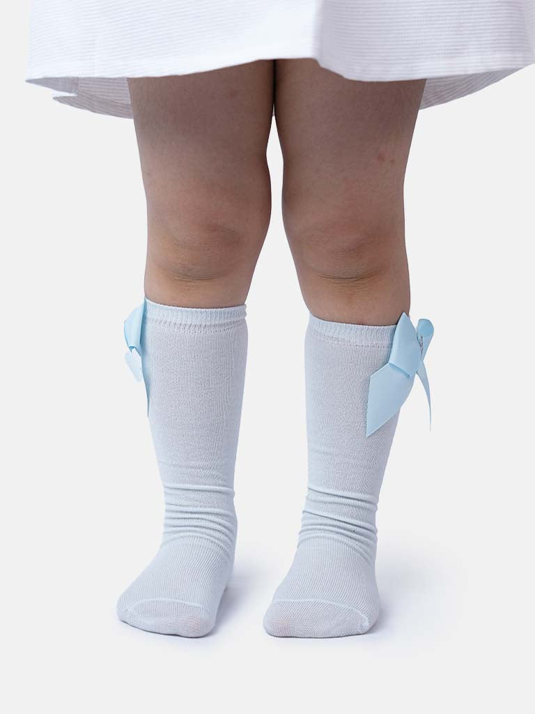 Baby Girl Knee Socks with Satin Bow and Crown - Baby Blue