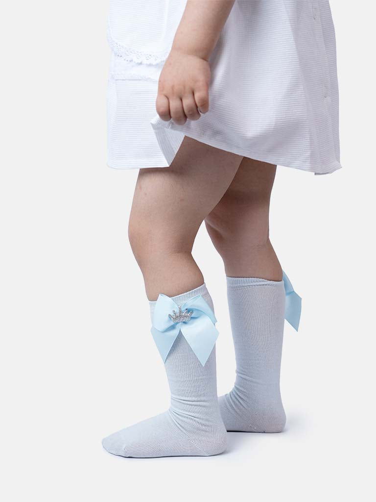 Baby Girl Knee Socks with Satin Bow and Crown - Baby Blue