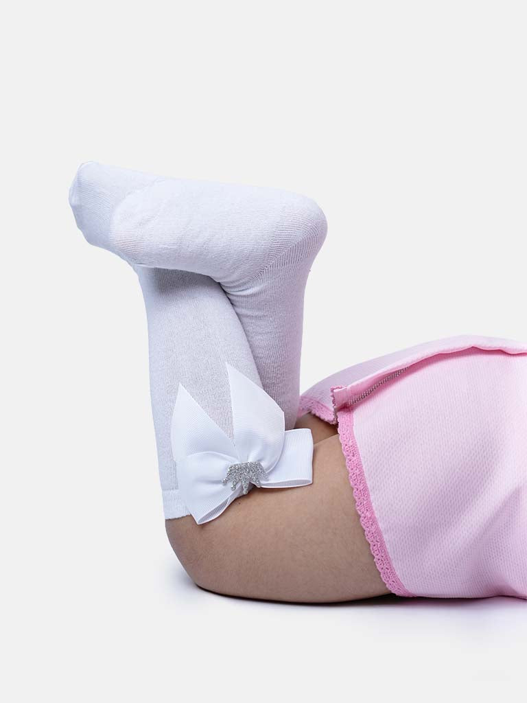 Baby Girl Knee Socks with Satin Bow and Silver Crown - White