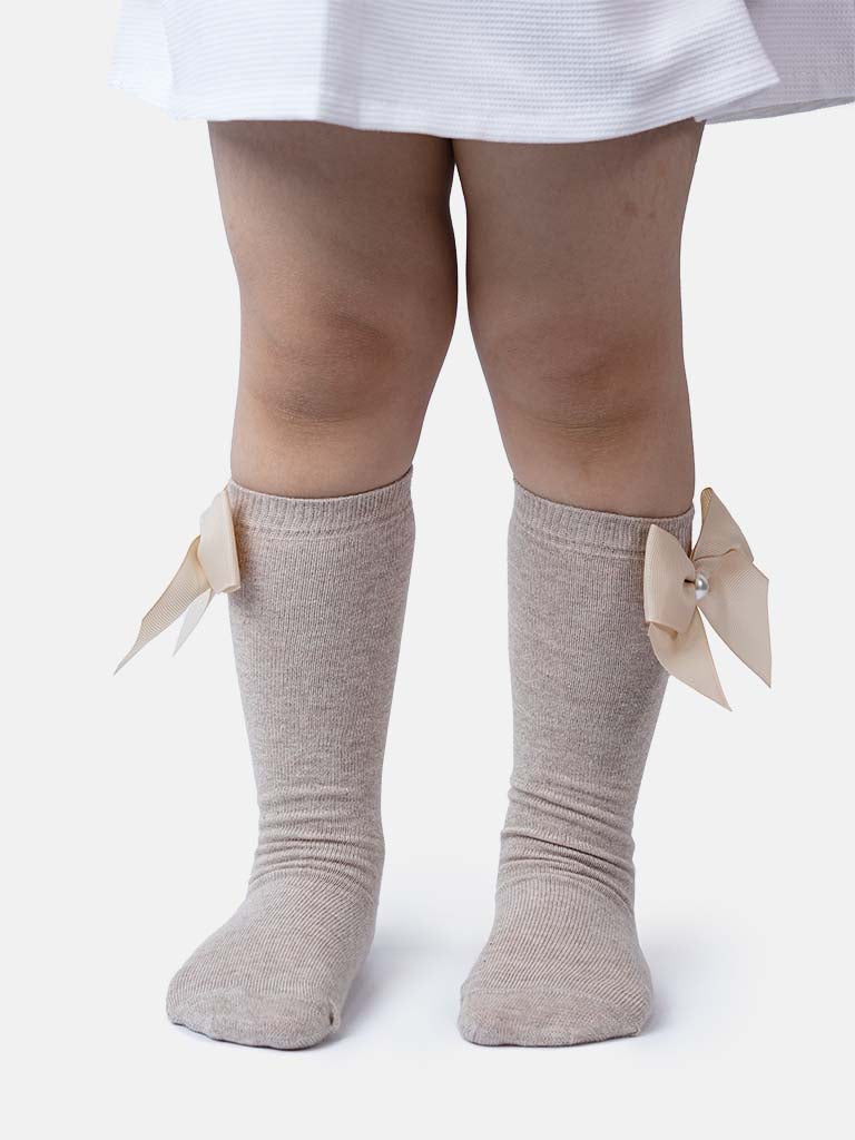 Baby Girl Knee Socks with Satin Bow and Pearl - Beige