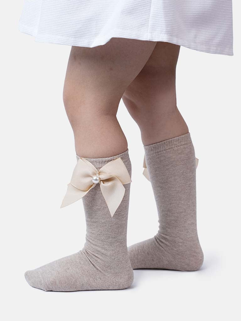 Baby Girl Knee Socks with Satin Bow and Pearl - Beige