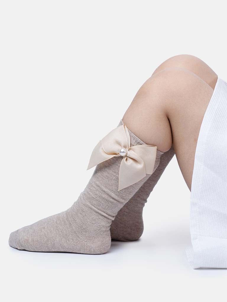 Baby Girl Knee Socks with Satin Bow and Pearl - Beige