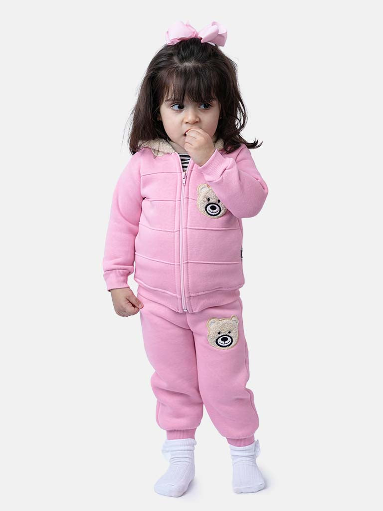 Baby Girl Teddy Long Sleeve Tracksuit 3 Piece Set - Pink