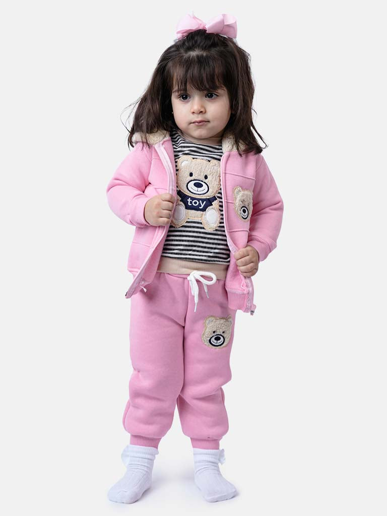 Baby Girl Teddy Long Sleeve Tracksuit 3 Piece Set - Pink