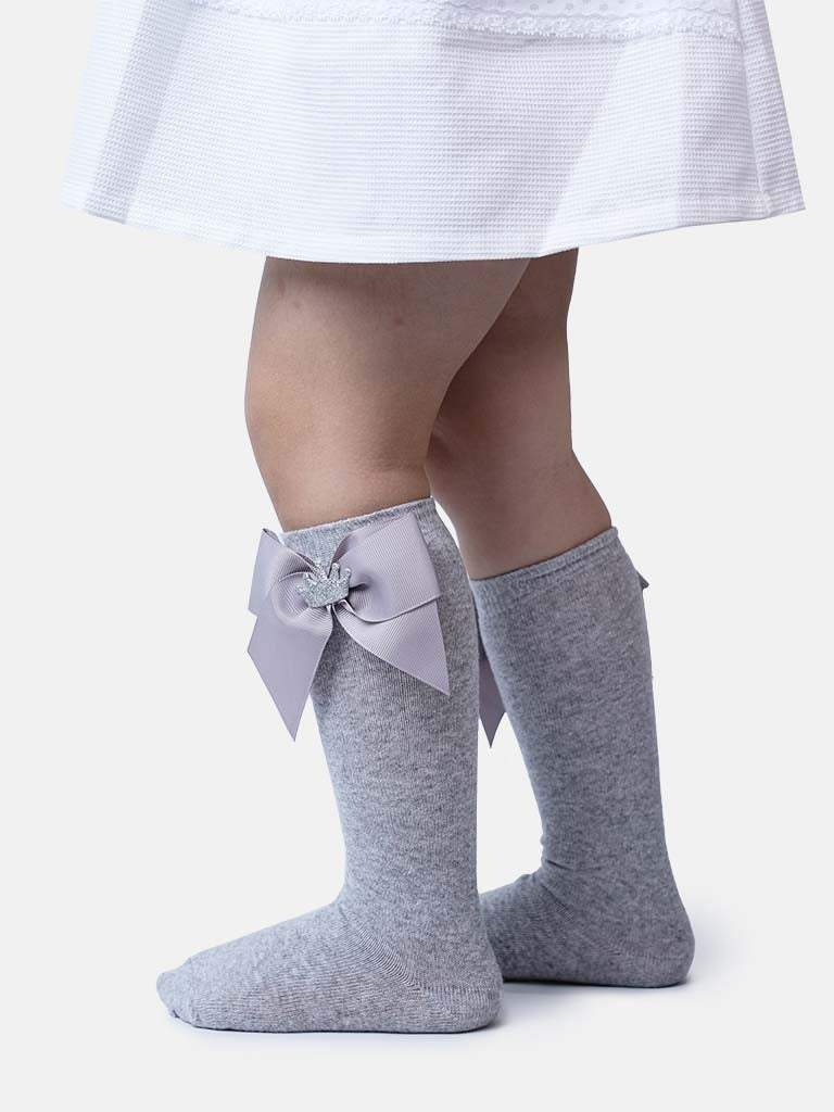 Baby Girl Knee Socks with Satin Bow and Crown - Grey