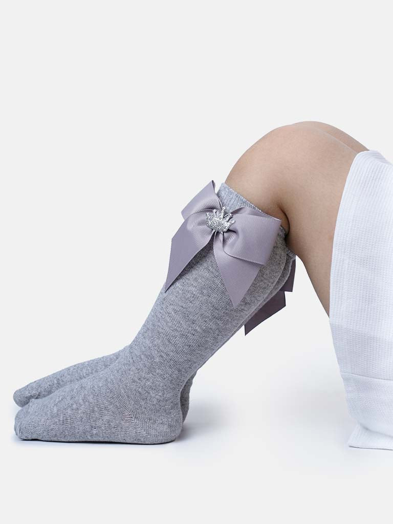 Baby Girl Knee Socks with Satin Bow and Crown - Grey
