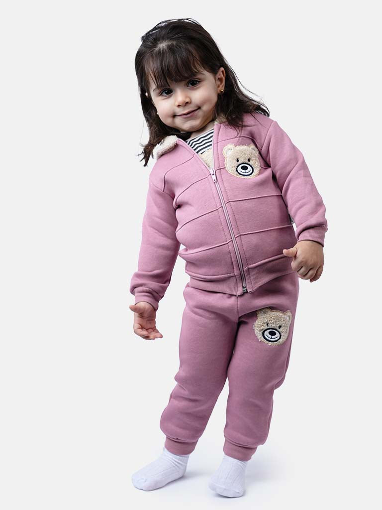 Baby Girl Teddy Long Sleeve Tracksuit 3 Piece Set - Dusty Pink