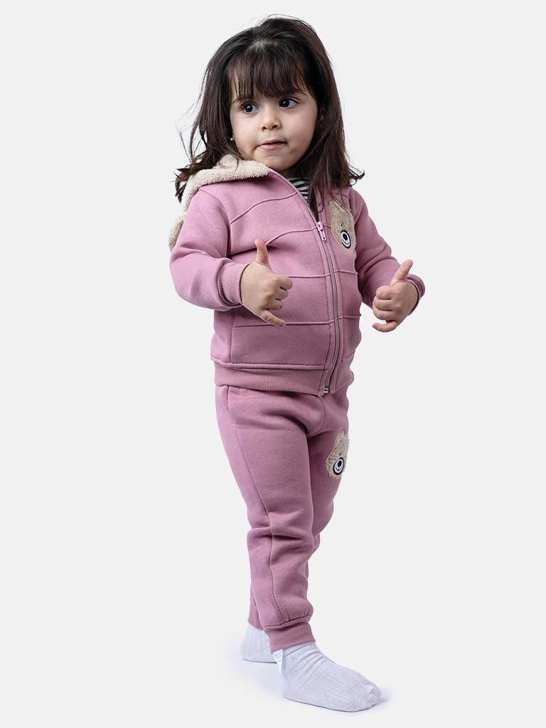 Baby Girl Teddy Long Sleeve Tracksuit 3 Piece Set - Dusty Pink