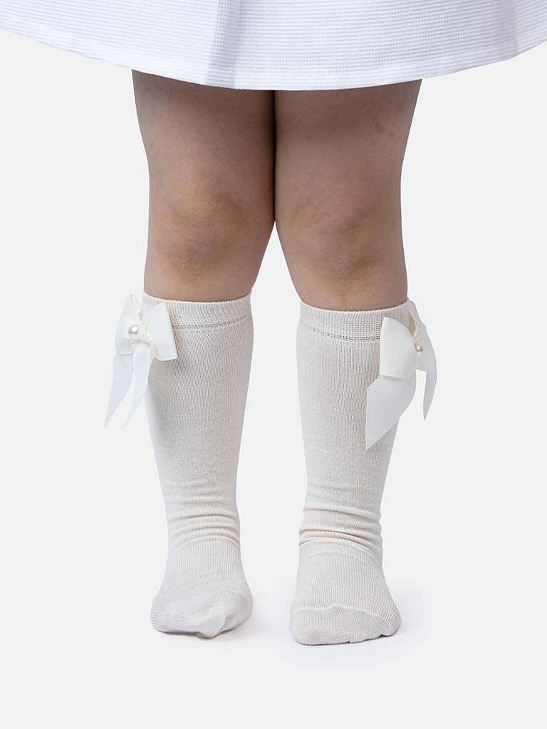 Baby Girl Knee Socks with Satin Bow and Pearl - Ivory