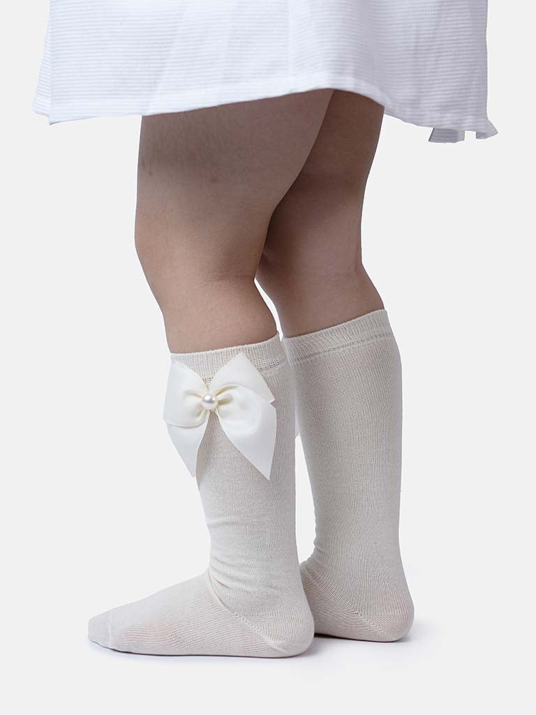 Baby Girl Knee Socks with Satin Bow and Pearl - Ivory