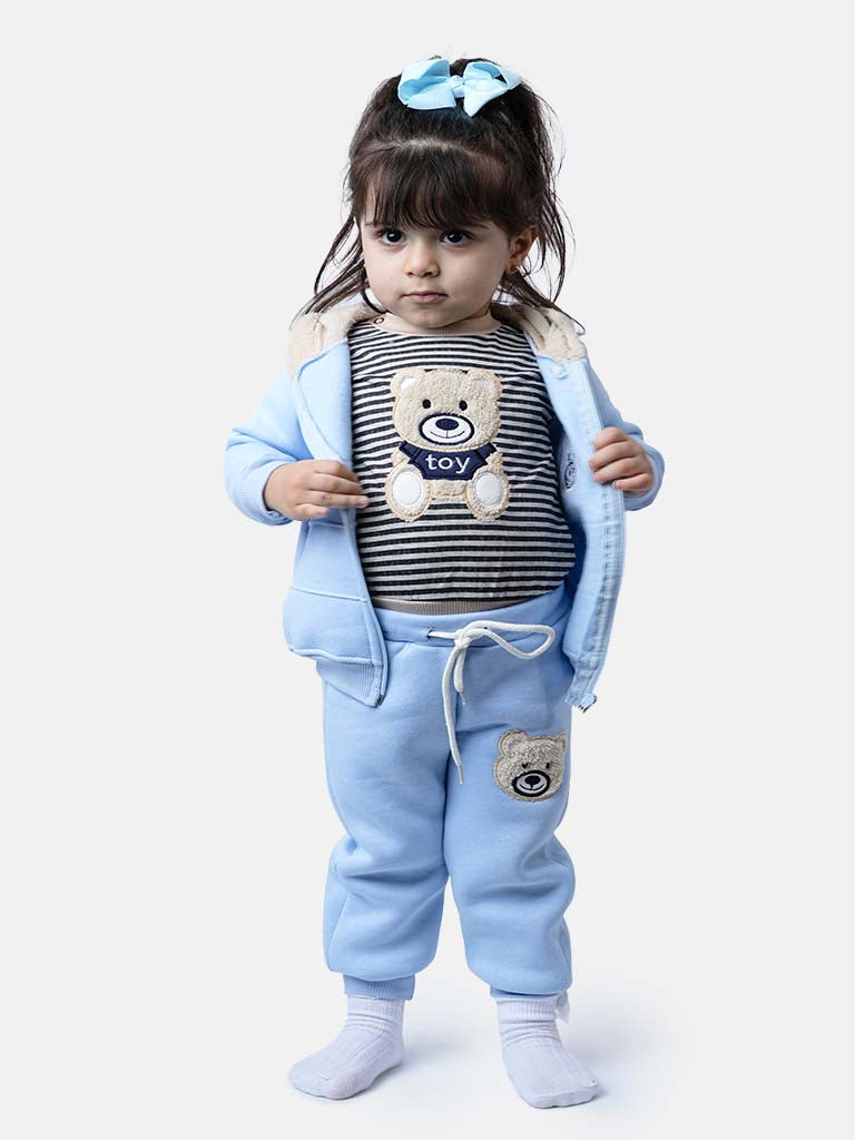 Baby Girl Teddy Long Sleeve Tracksuit 3 Piece Set - Baby Blue