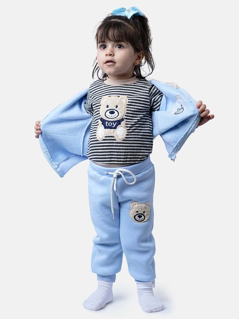 Baby Girl Teddy Long Sleeve Tracksuit 3 Piece Set - Baby Blue