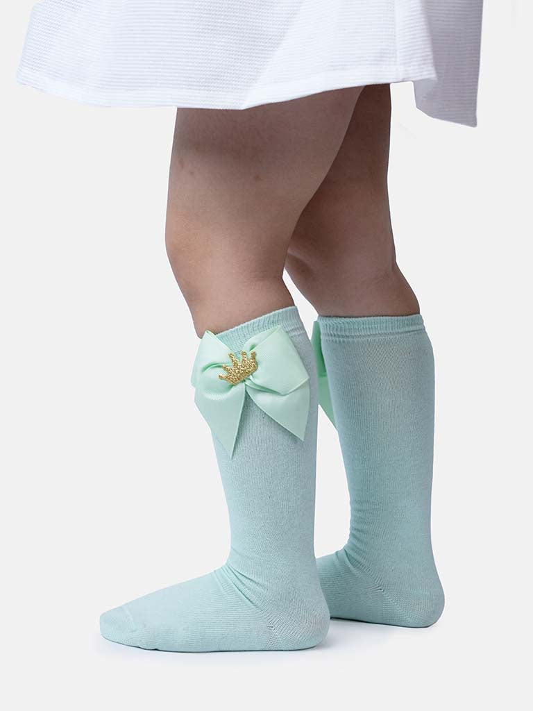 Baby Girl Knee Socks with Satin Bow and Crown - Mint Green