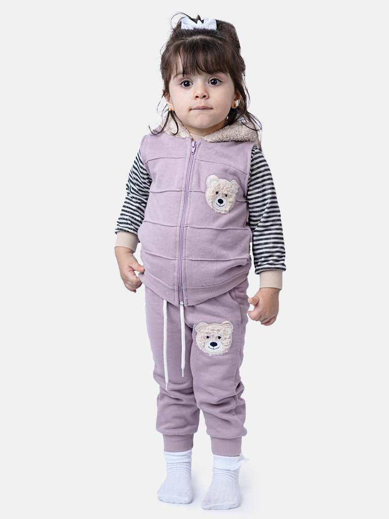 Baby Girl Teddy Tracksuit 3 Piece Set with Vest - Lilac