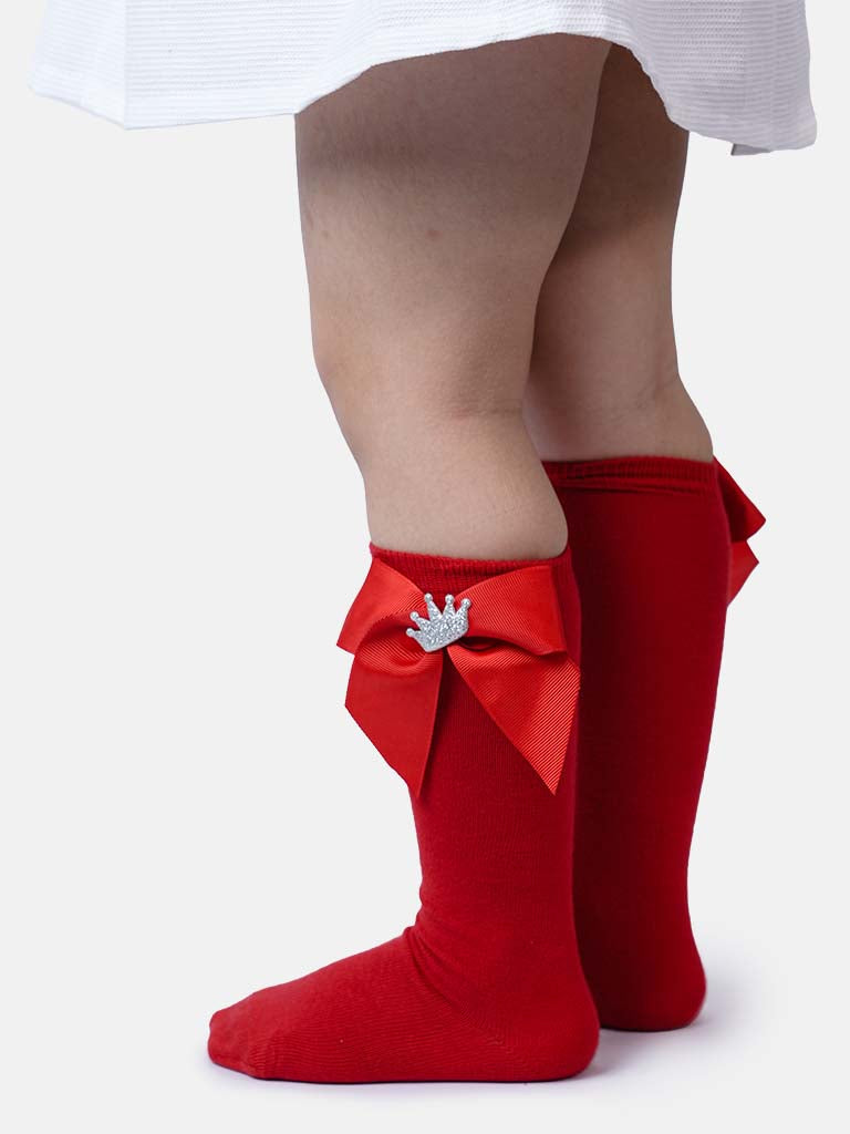 Baby Girl Knee Socks with Satin Bow and Silver Crown - Red