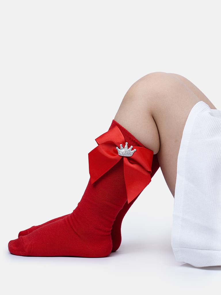 Baby Girl Knee Socks with Satin Bow and Silver Crown - Red