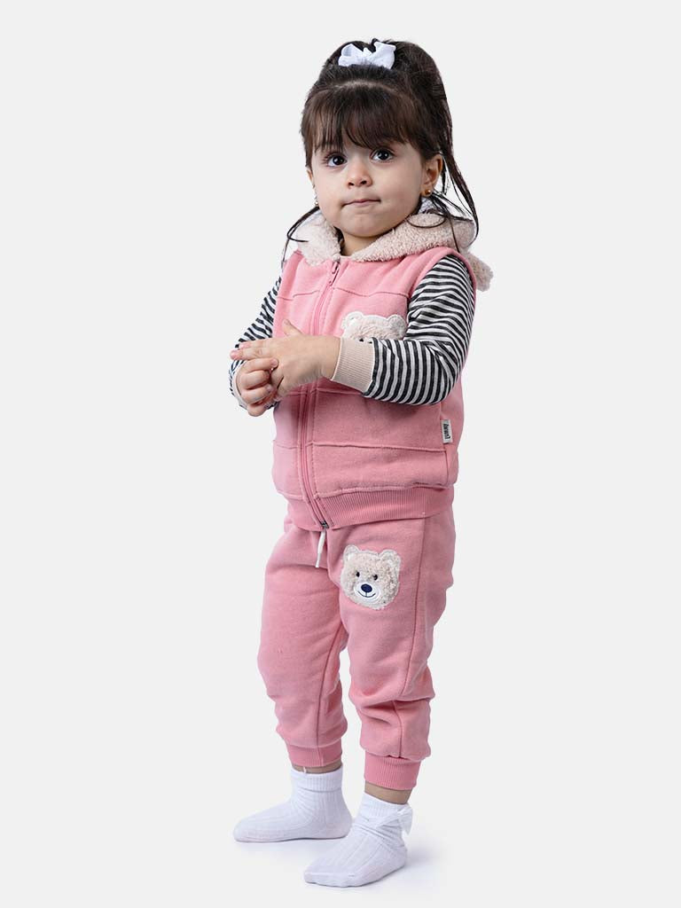 Baby Girl Teddy Tracksuit 3 Piece Set with Vest - Coral