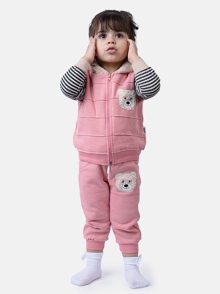 Baby Girl Teddy Tracksuit 3 Piece Set with Vest - Coral