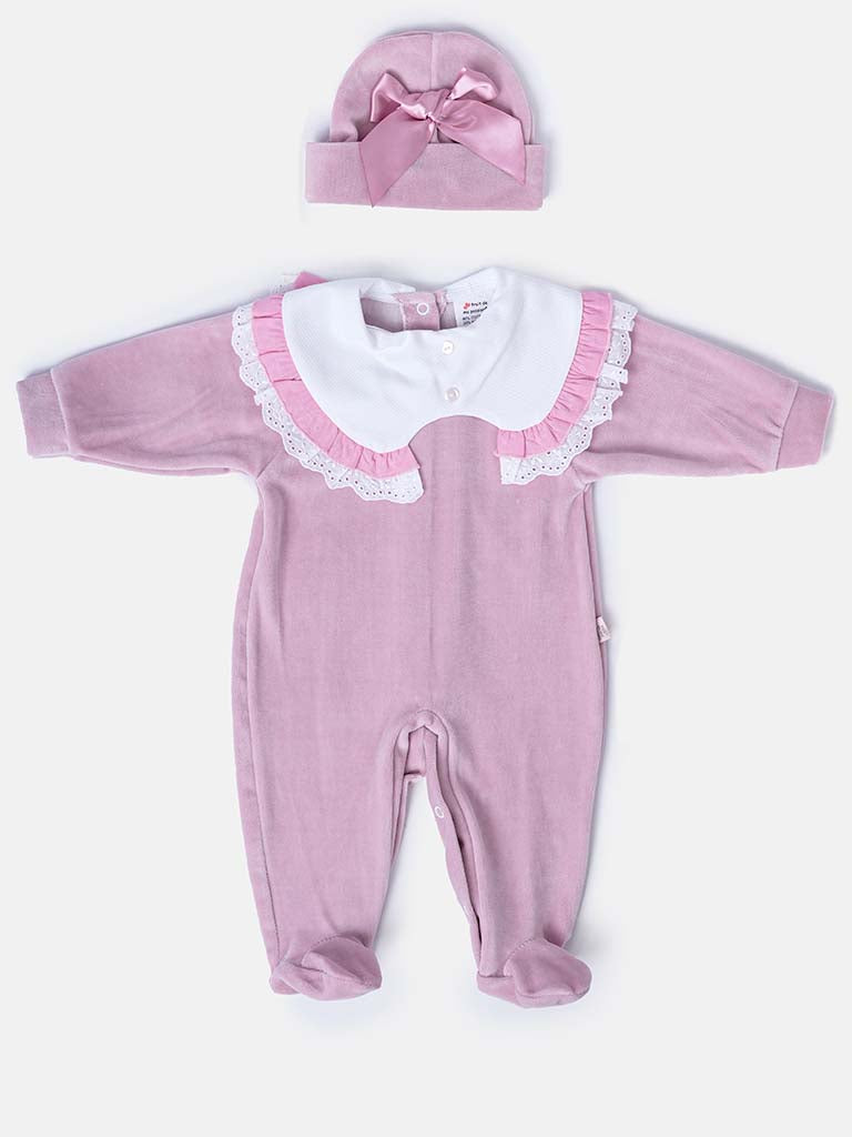 Baby Girl Sleepsuit with Matching Hat and Ruffles - Dusty Pink