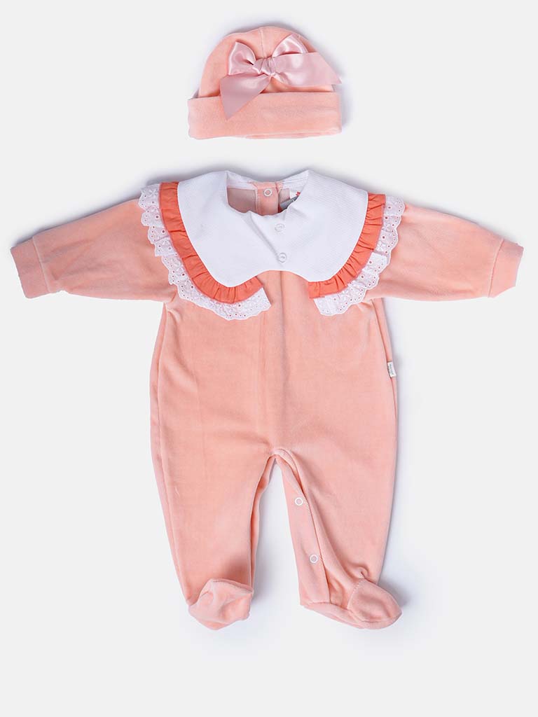 Baby Girl Sleepsuit with Matching Hat and Ruffles - Orange
