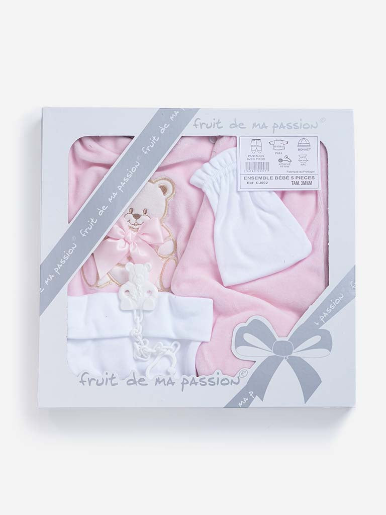 Baby Girl 5-piece Teddy Gift Box Set - Baby Pink