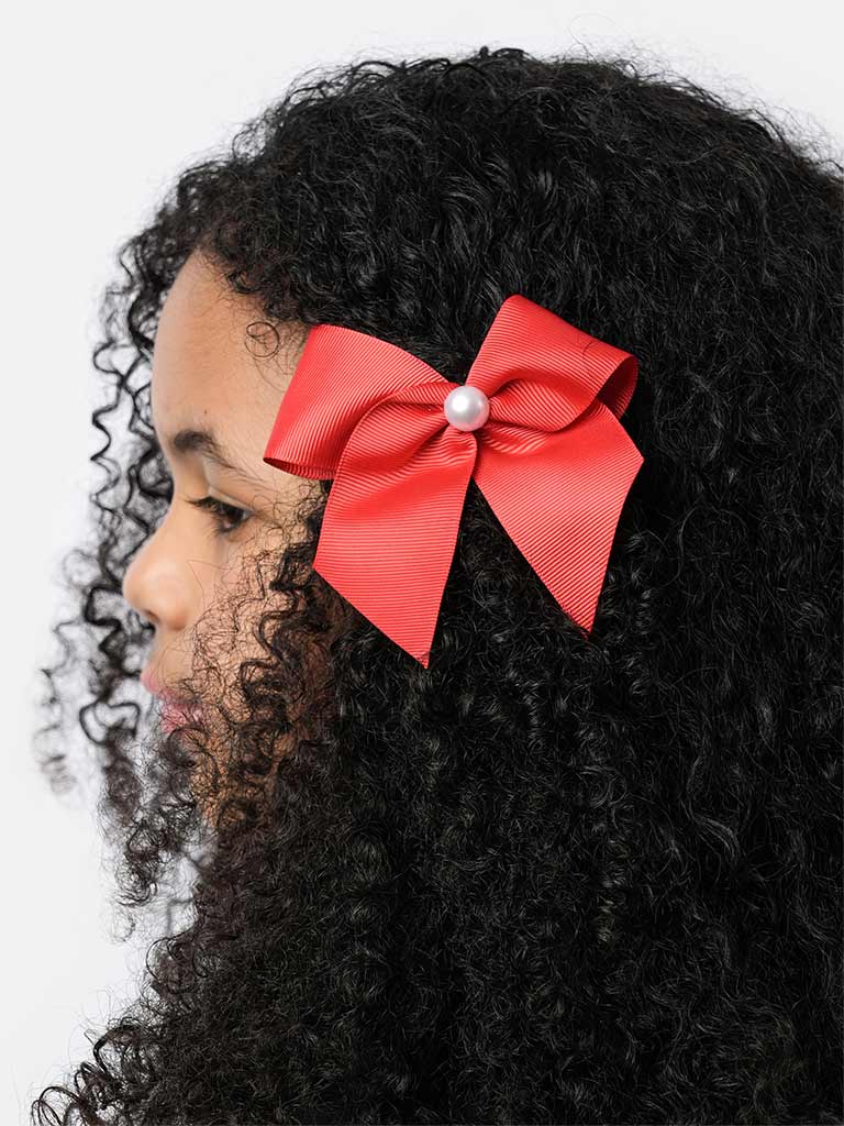 Baby Girl Pearl with Bow Handmade Hairclip-Red