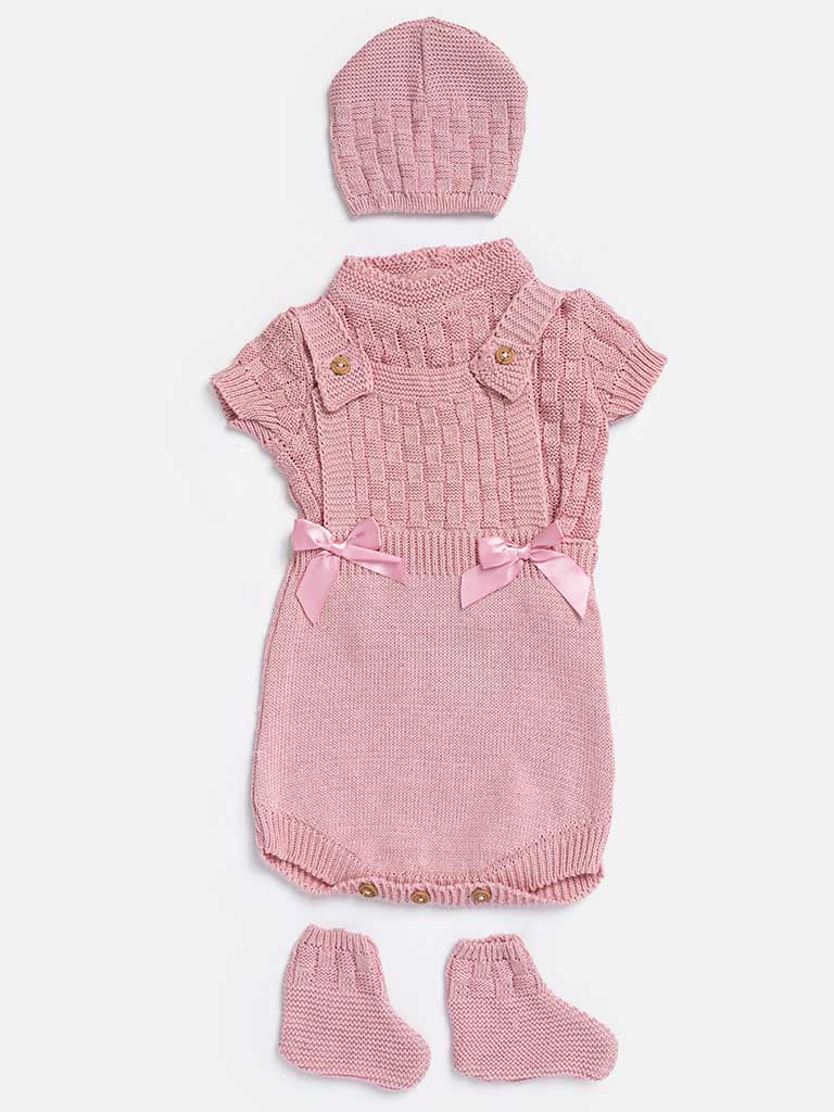 Baby Girl 4-piece Checked Knitted Gift Box Set - Dusty Pink