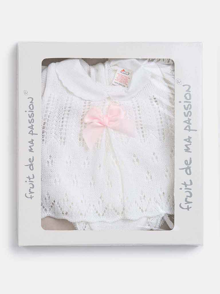 Baby Girl 3-piece Knitted Gift Box Set with Bonnet-White