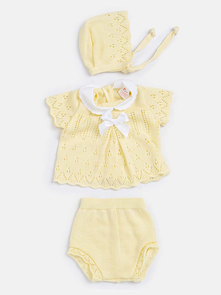Baby Girl 3-piece Knitted Gift Box Set with Bonnet-Yellow