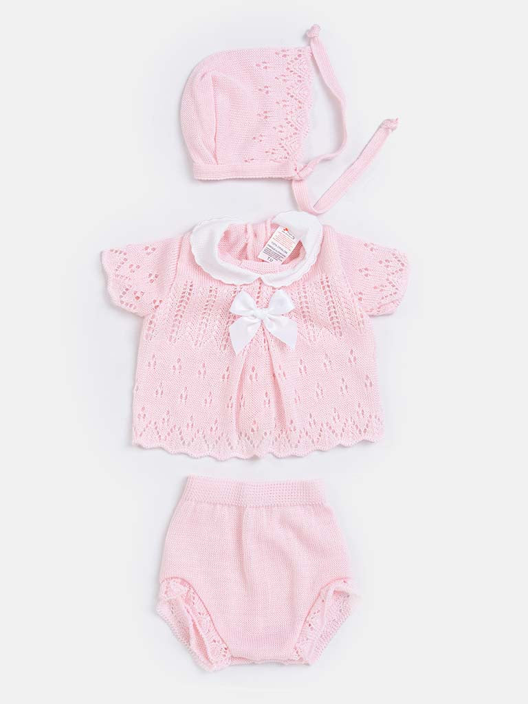 Baby Girl 3-piece Knitted Gift Box Set with Bonnet-Baby Pink