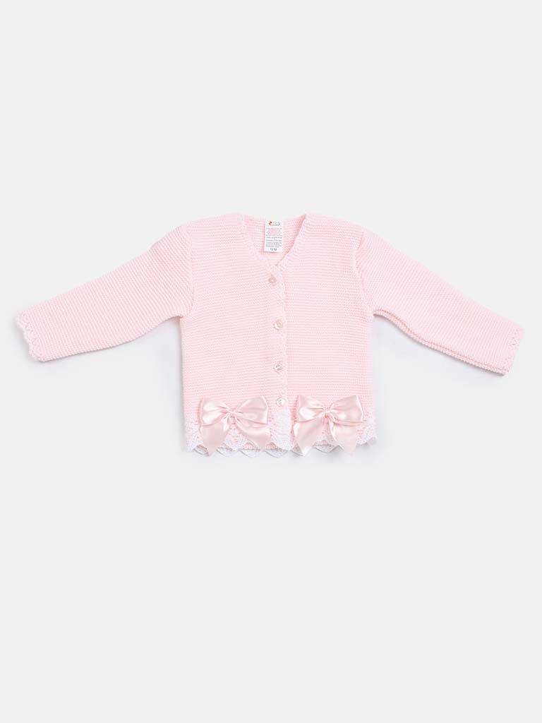 Baby Girl Cardigan with Bows and Lace - Baby Pink