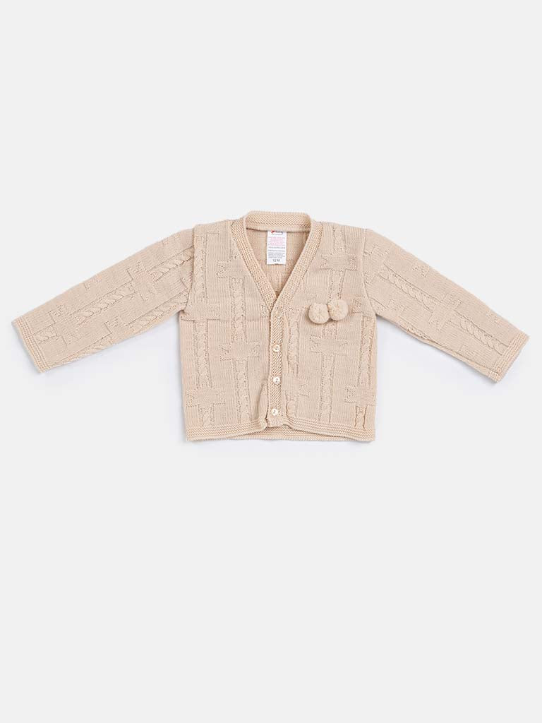 Baby Boy Double Pom-Pom Beige Cardigan