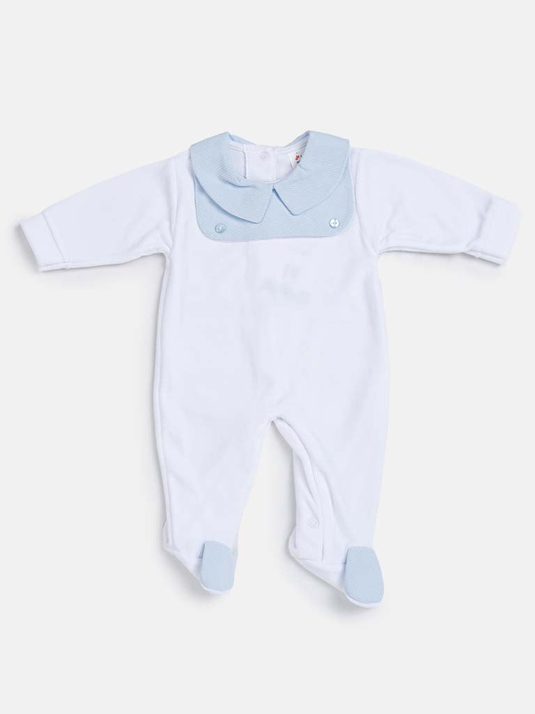 Baby Boy White & Blue Velvet Sleepsuit