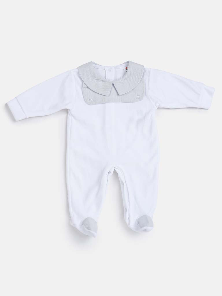 Baby Boy White & Grey Velvet Sleepsuit