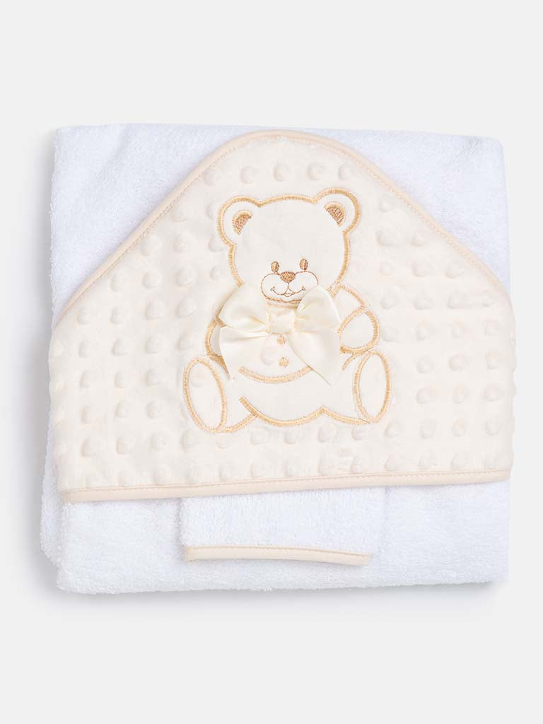 Baby Hooded Teddy Towel Set with Wash Cloth - White & Ivory
