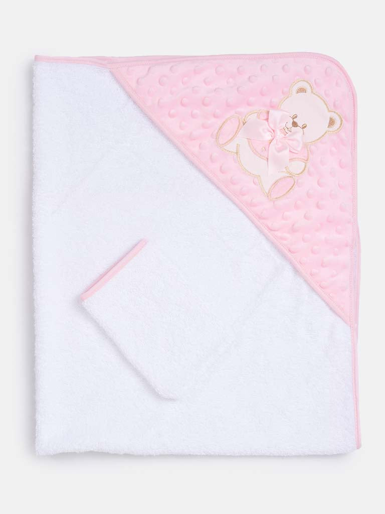 Baby Hooded Teddy Towel Set with Wash Cloth - White & Pink