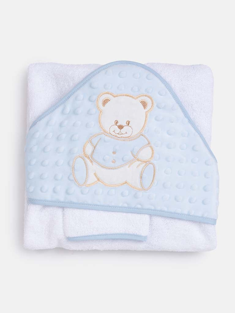 Baby Hooded Teddy Towel Set with Wash Cloth - White & Blue
