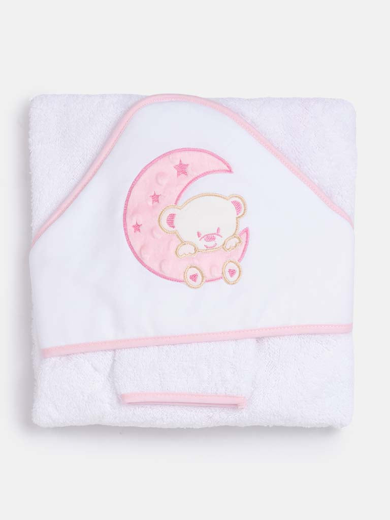 Baby Hooded Moon Teddy Towel Set with Washcloth-White & Pink