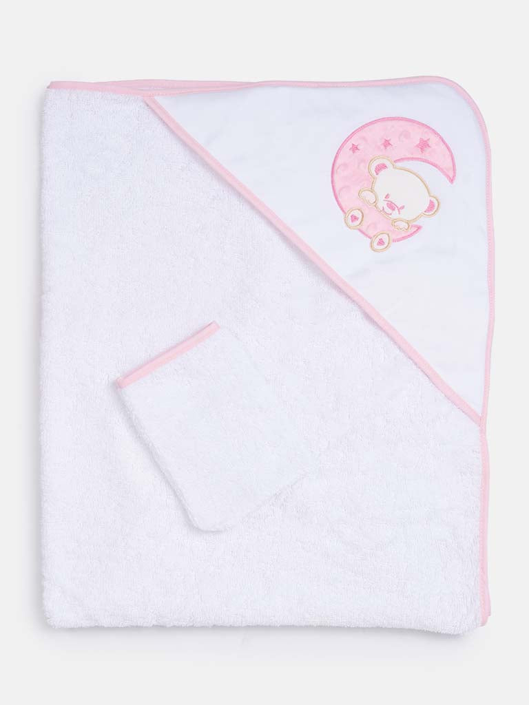 Baby Hooded Moon Teddy Towel Set with Washcloth-White & Pink