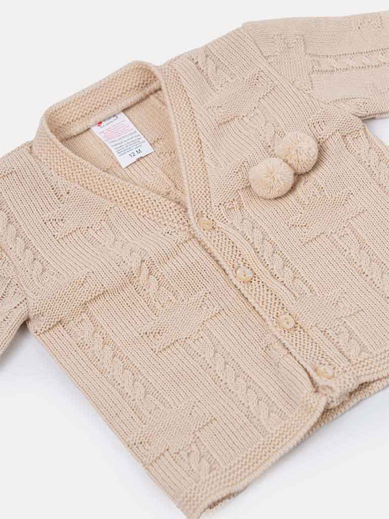 Baby Boy Double Pom-Pom Beige Cardigan